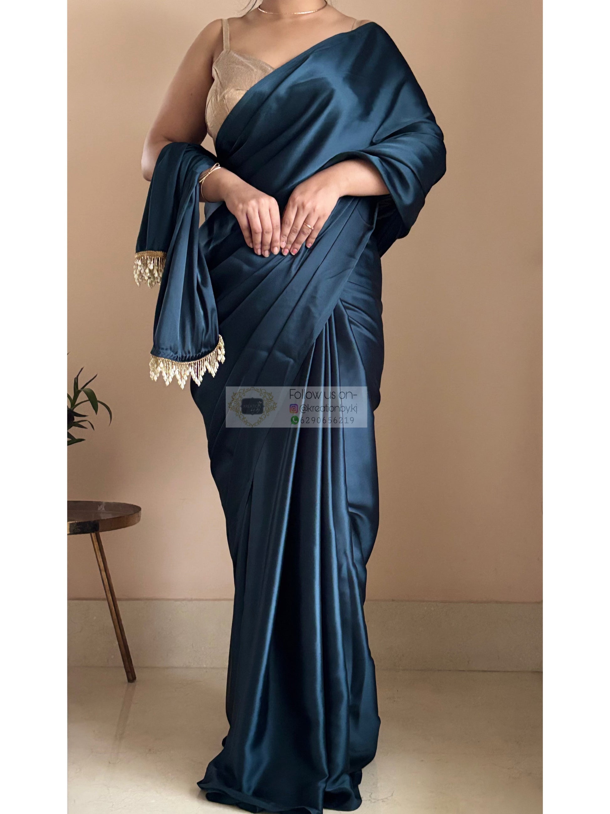 Midnight Blue Satin Silk Saree With Handmade Tassels On Pallu kreationbykj