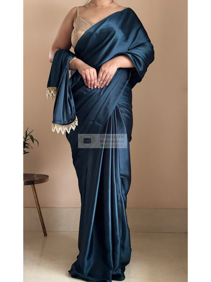 Midnight Blue Satin Silk Saree With Handmade Tassels On Pallu kreationbykj
