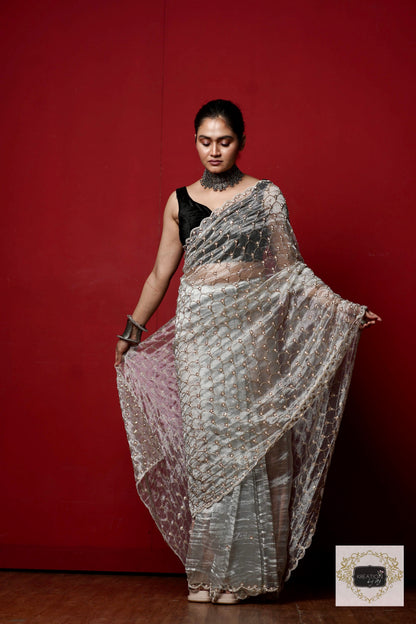 Silver Tissue Mehraab Jaal Saree