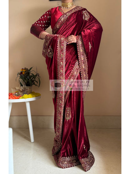 Naaz Burgundy Velvet Saree