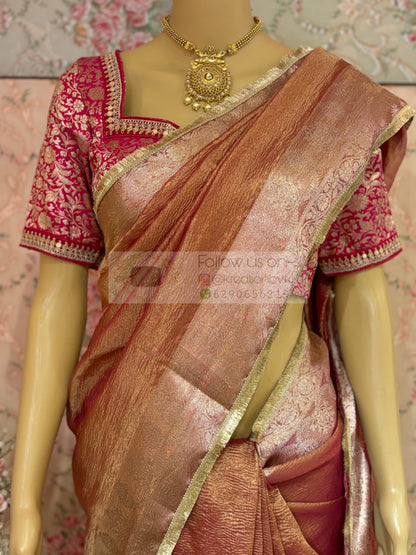 Rose Quartz Crushed Tissue Banarasi Saree