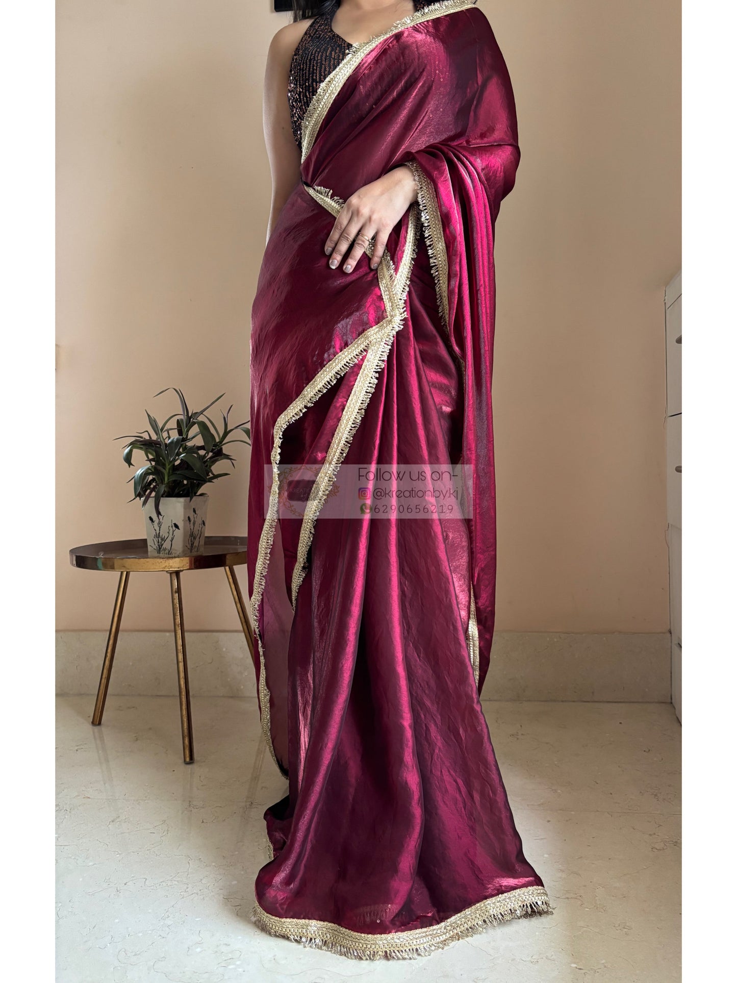 Cheery Wine Metallic Shimmer satin Banno Saree kreationbykj