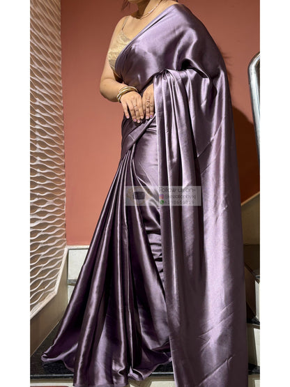 Purple Mauve Satin Silk Saree with Handmade Tassels on Pallu kreationbykj
