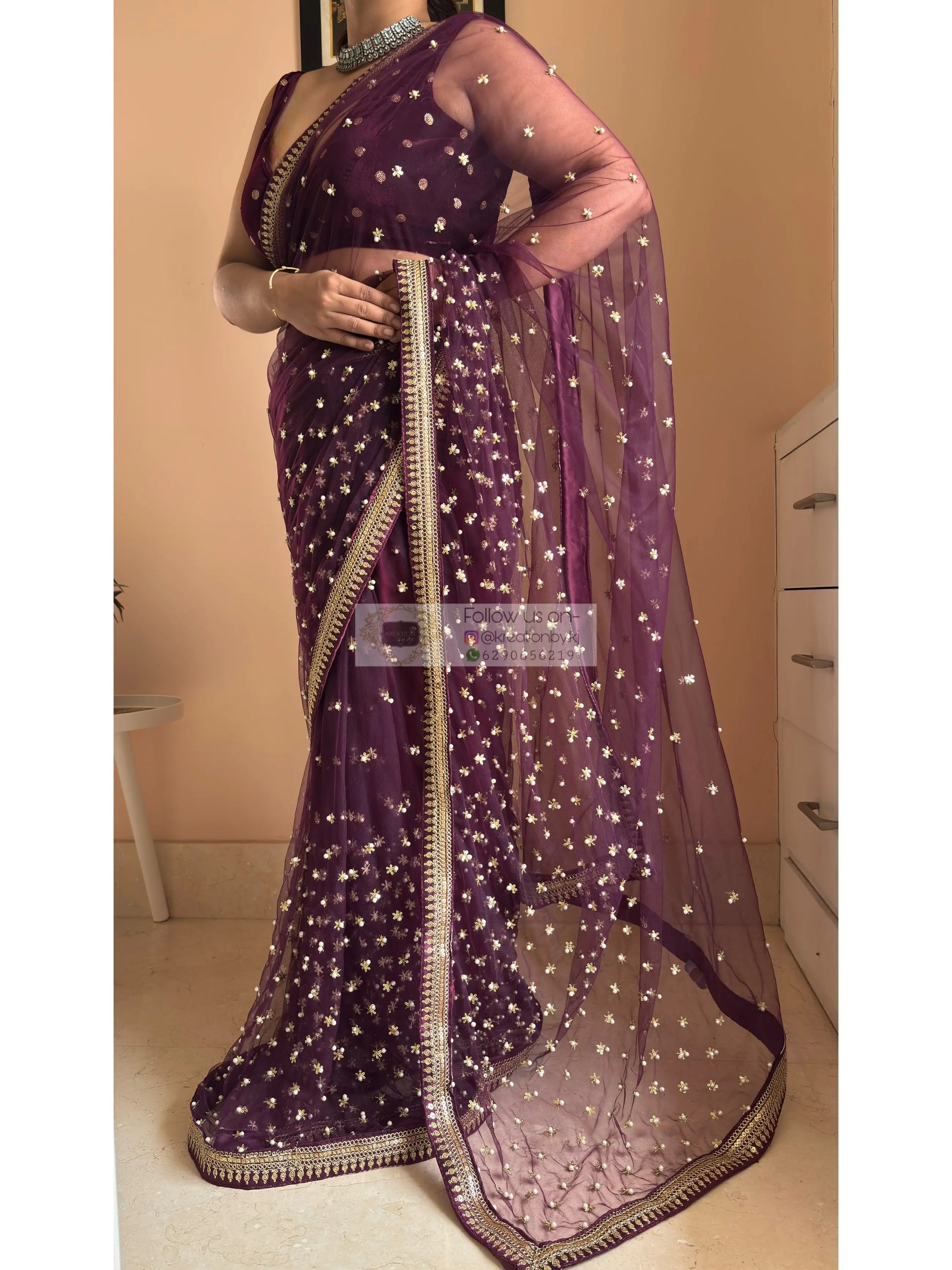 Wine Embellished Net Saree Kreation by KJ
