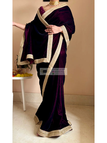 Dark Wine Velvet Saree with Golden Border kreationbykj