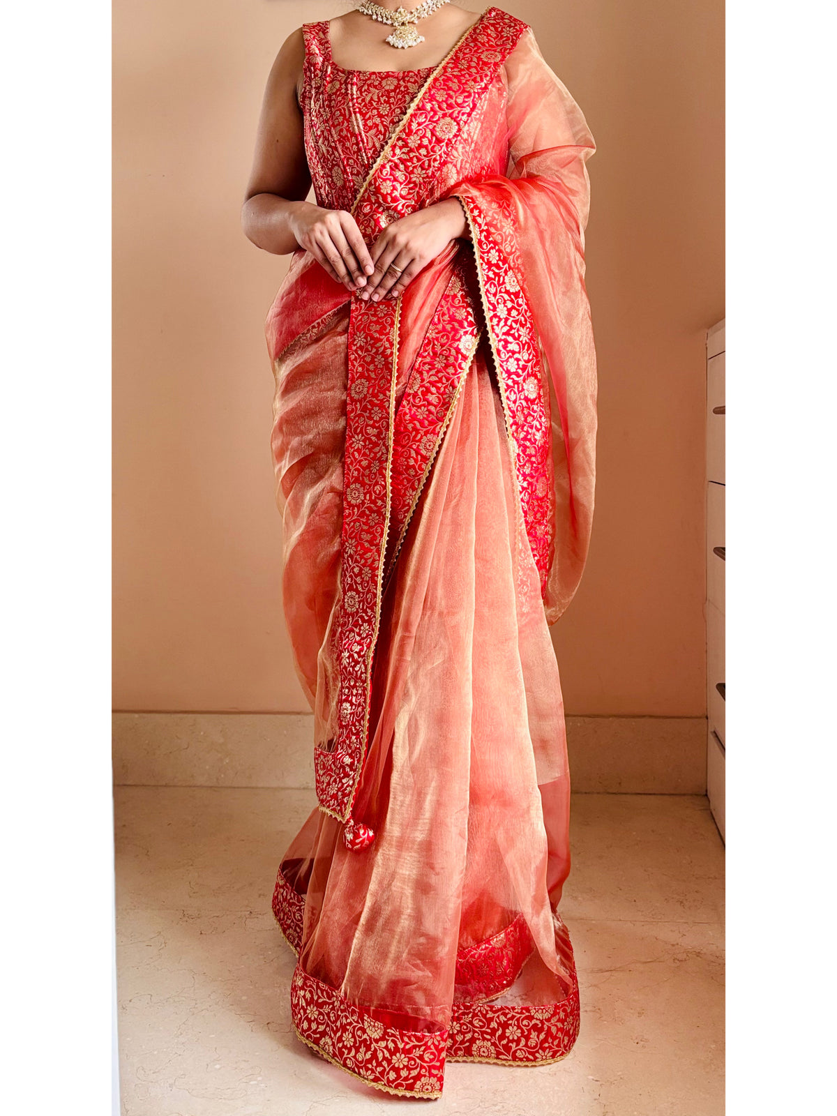 Marigold Glass Tissue Saree With Red Brocade Border