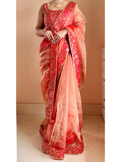 Marigold Glass Tissue Saree With Red Brocade Border