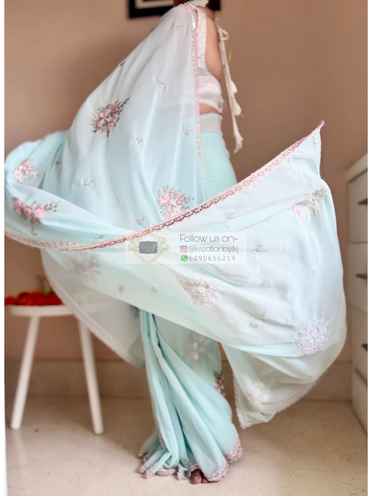 Powder Blue Floral Symphony Saree Kreation by KJ