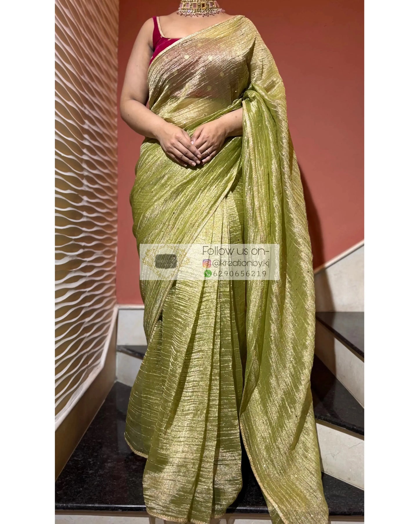Mint Green Crushed Tissue Saree with Mukaish Work Kreation by KJ