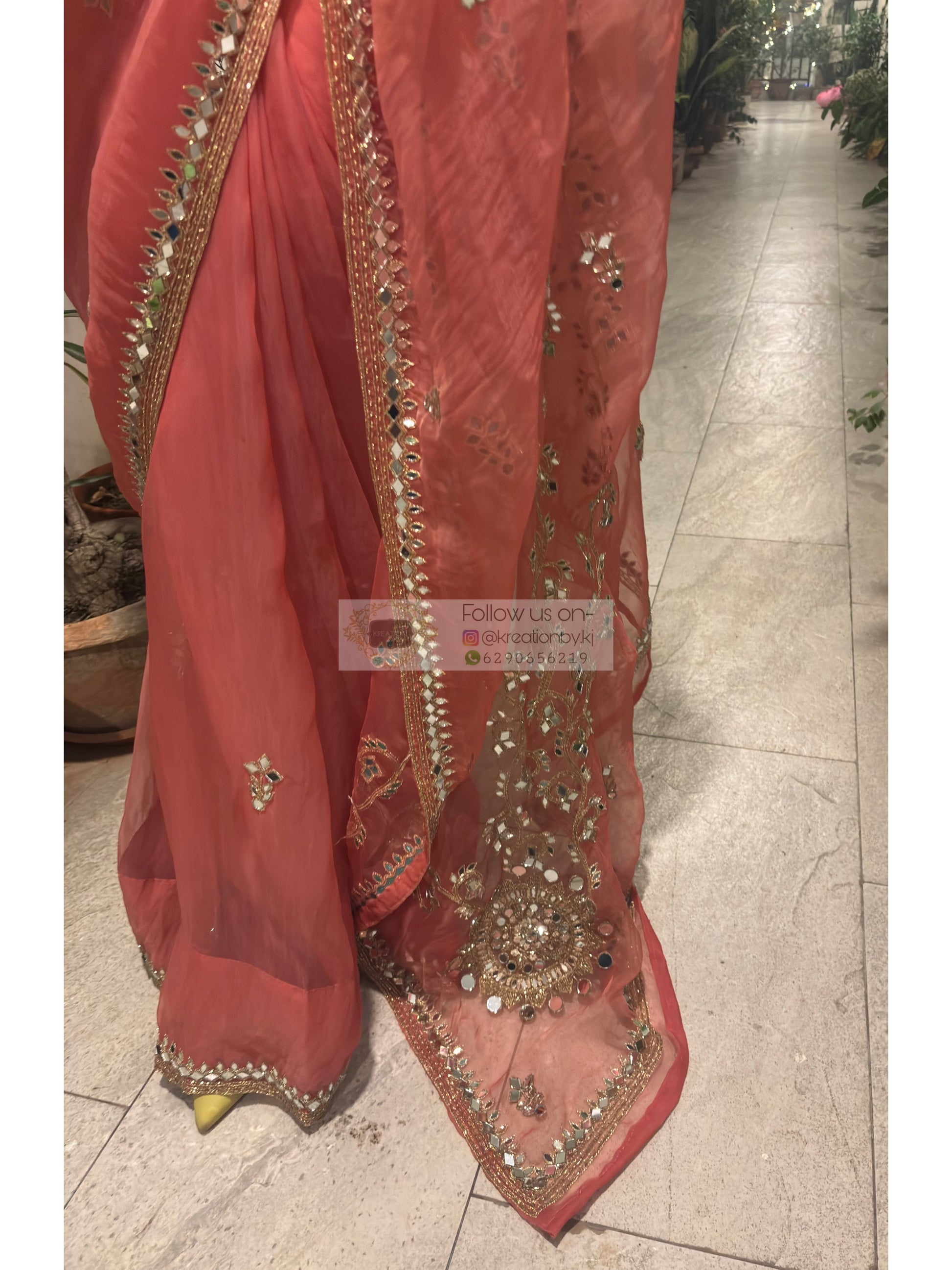 Peach Sheesh Leher Real Mirror Cutwork Saree Kreation by KJ
