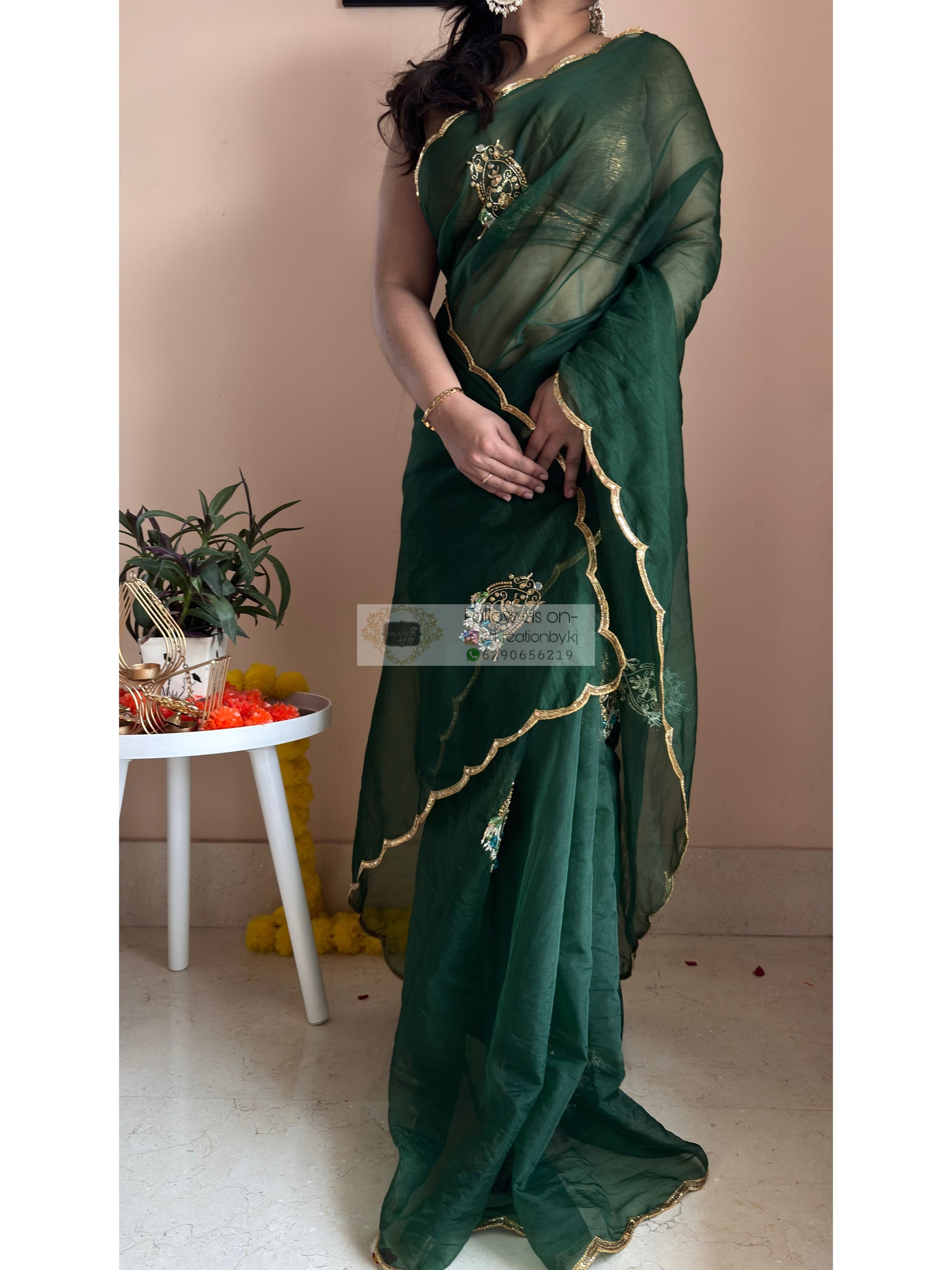 Scent of Yesterday Bottle Green Organza Saree Kreation by KJ