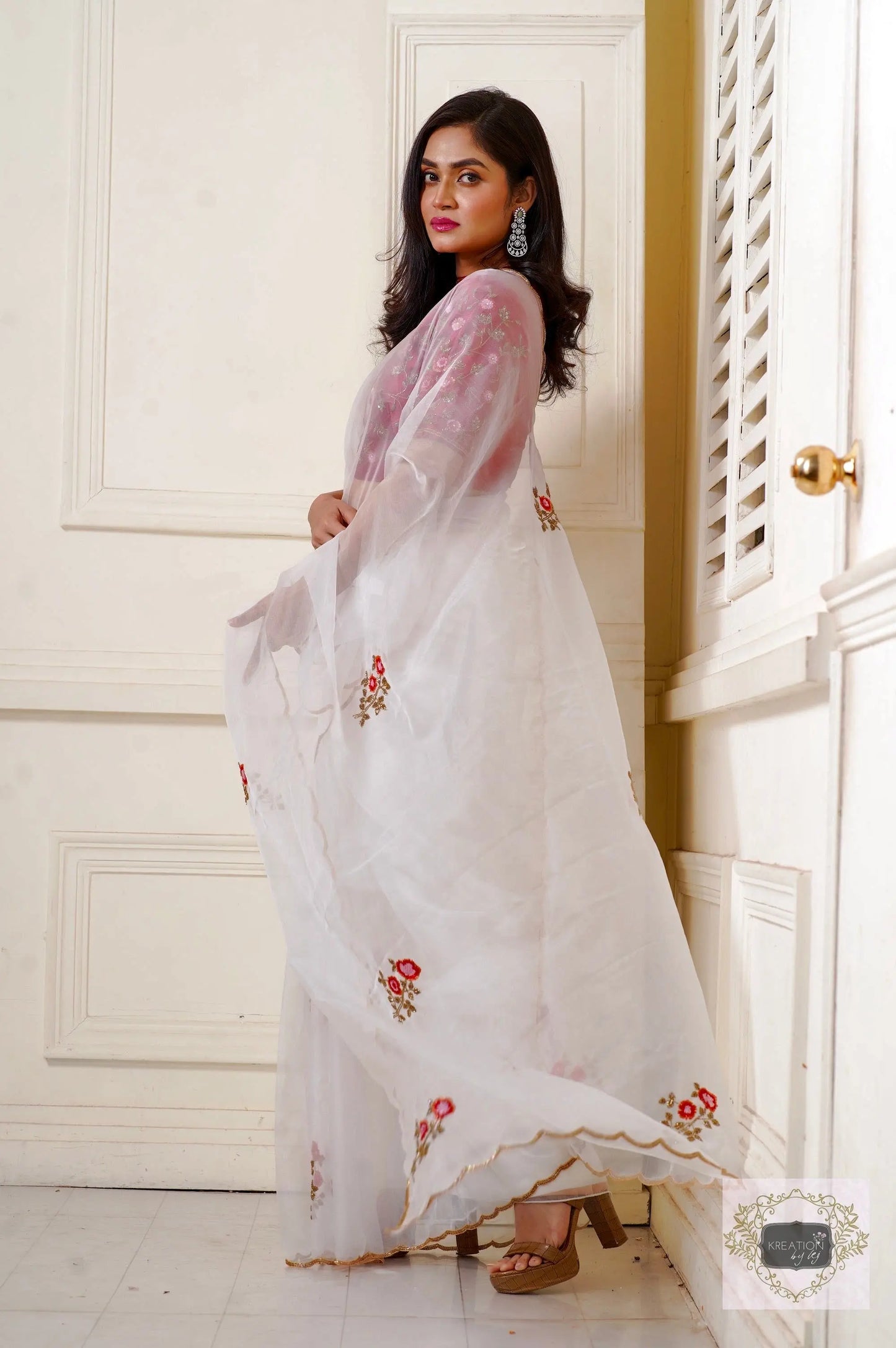 White Organza Remember The Roses Saree kreationbykj