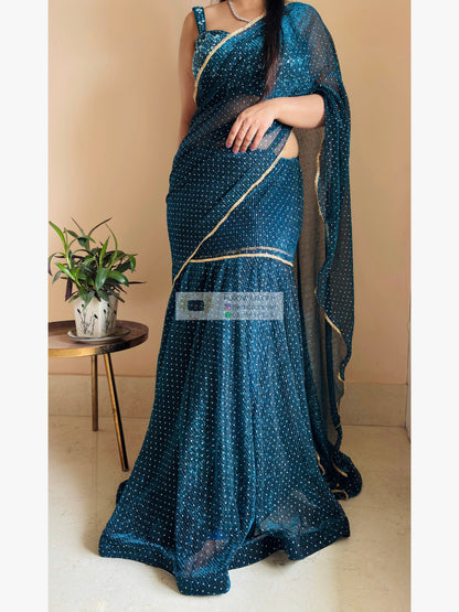 Blue Pleated Net Drape Lehenga Saree