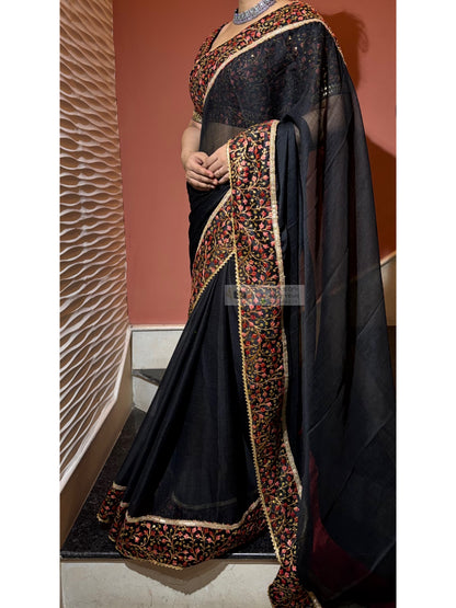 Black Crushed Chiffon Saree with Embellished Border