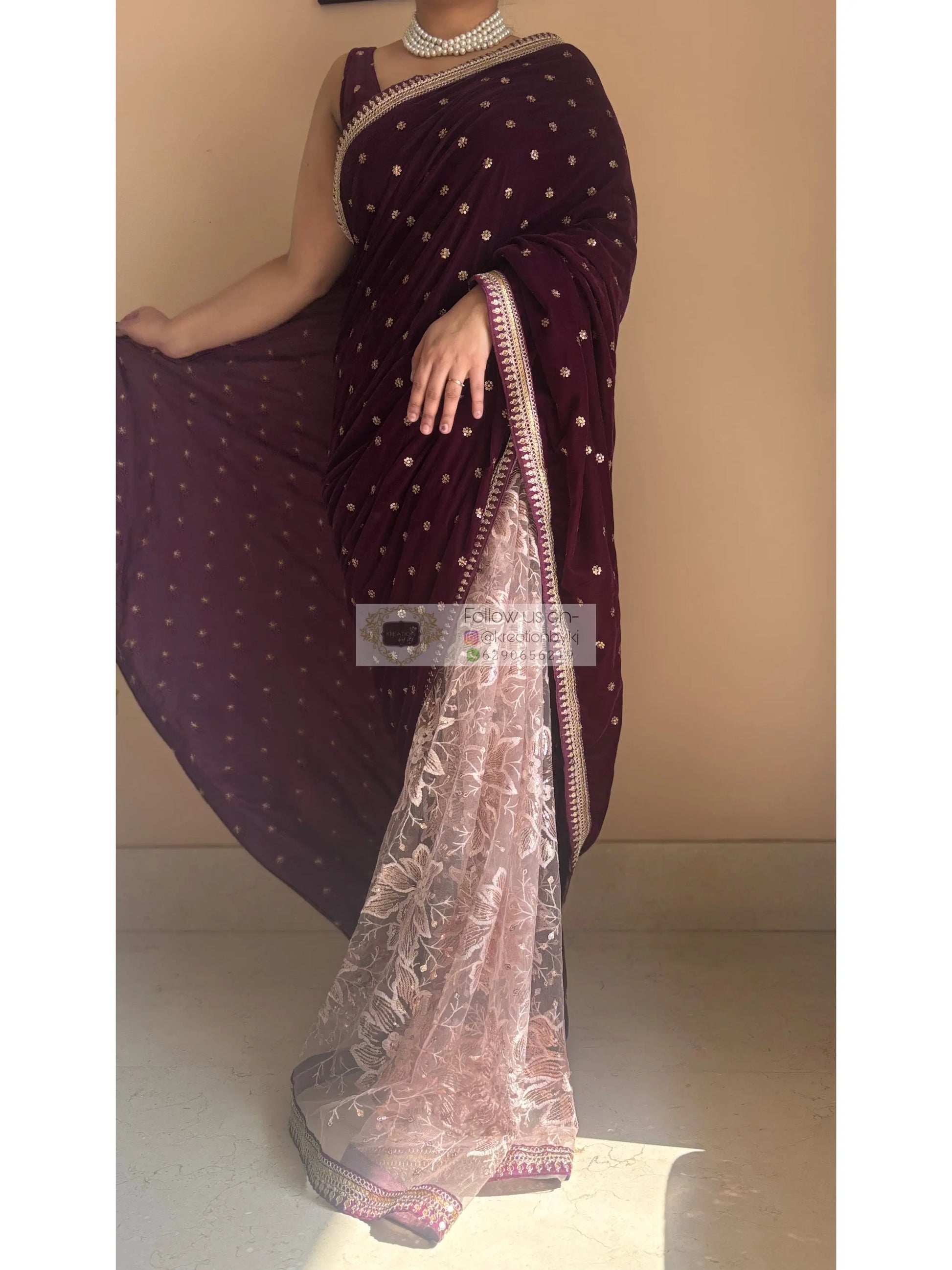 Purple Wine Velvet And Net Embellished Saree Kreation by KJ