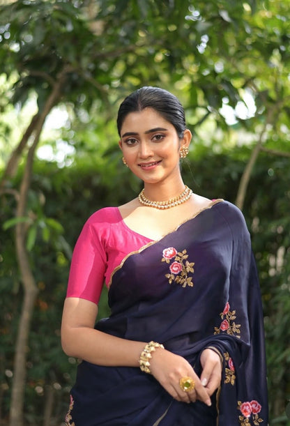 Remember the Roses Navy Blue Crepe Silk Saree