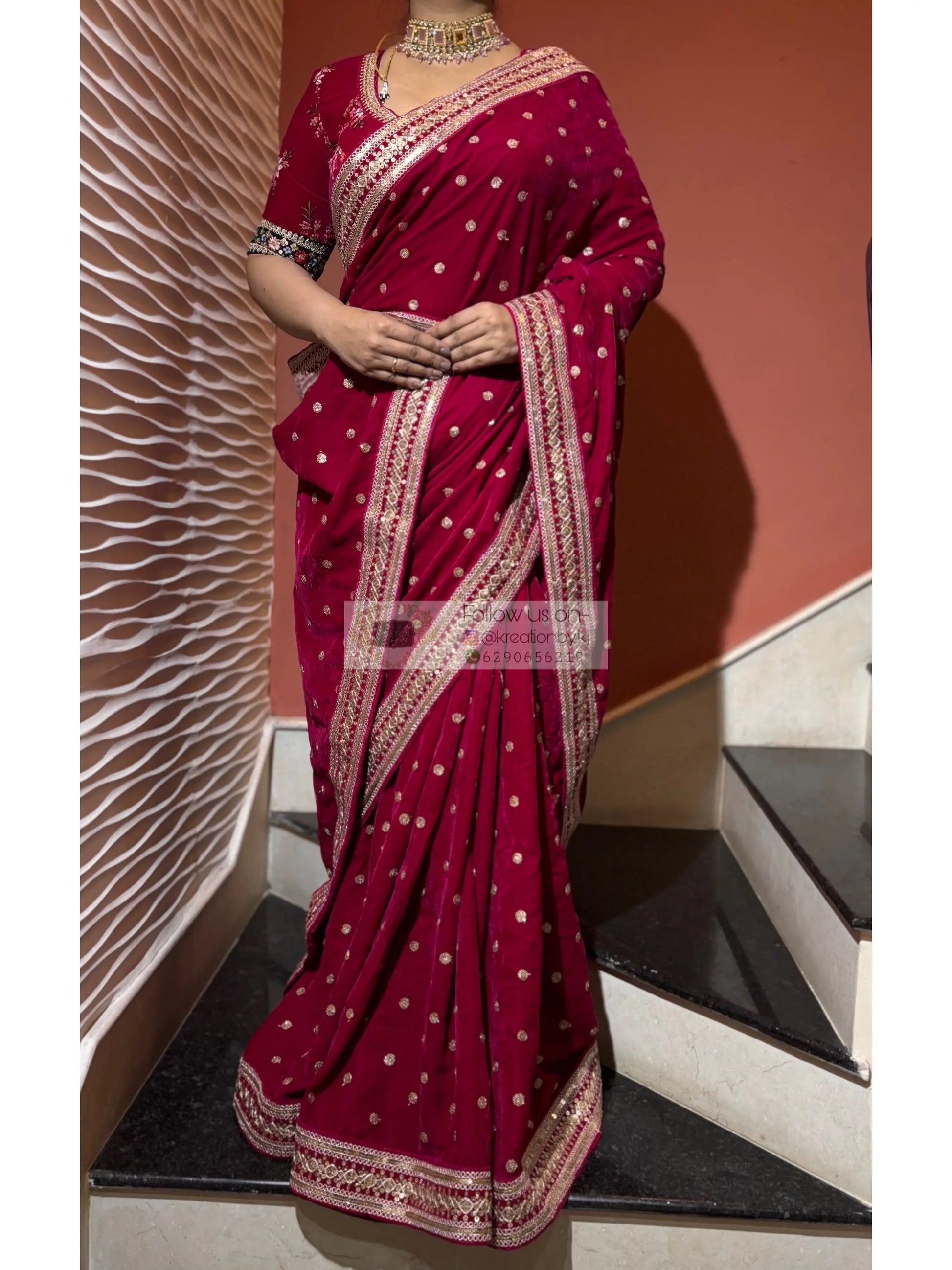 Royal Magenta Pink Velvet Saree Kreation by KJ