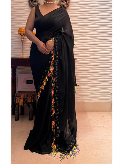 Midnight Black Fringe Dazzle Saree