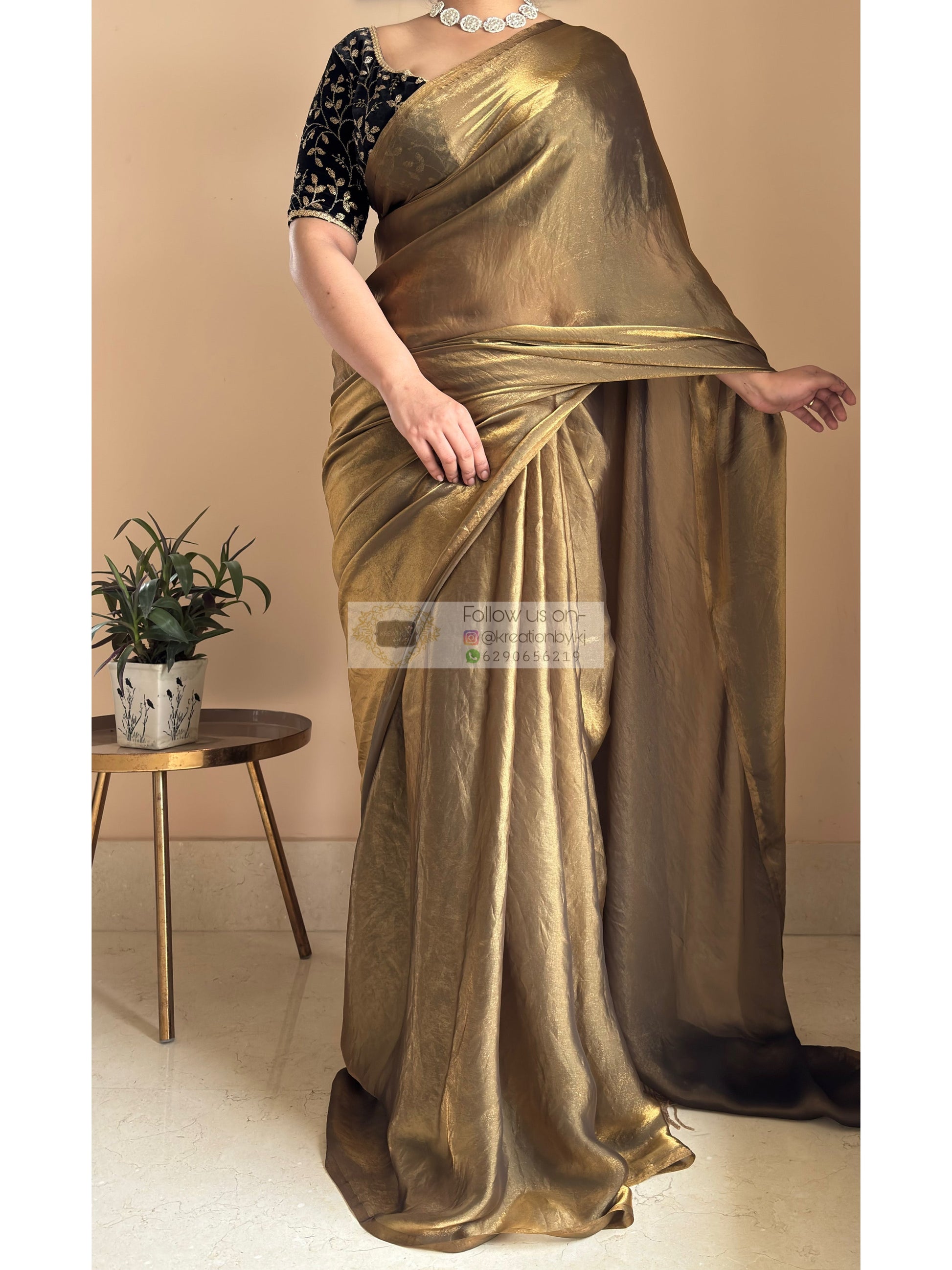 Molten Golden Shimmer Satin Saree With Handmade Tassels on Pallu kreationbykj