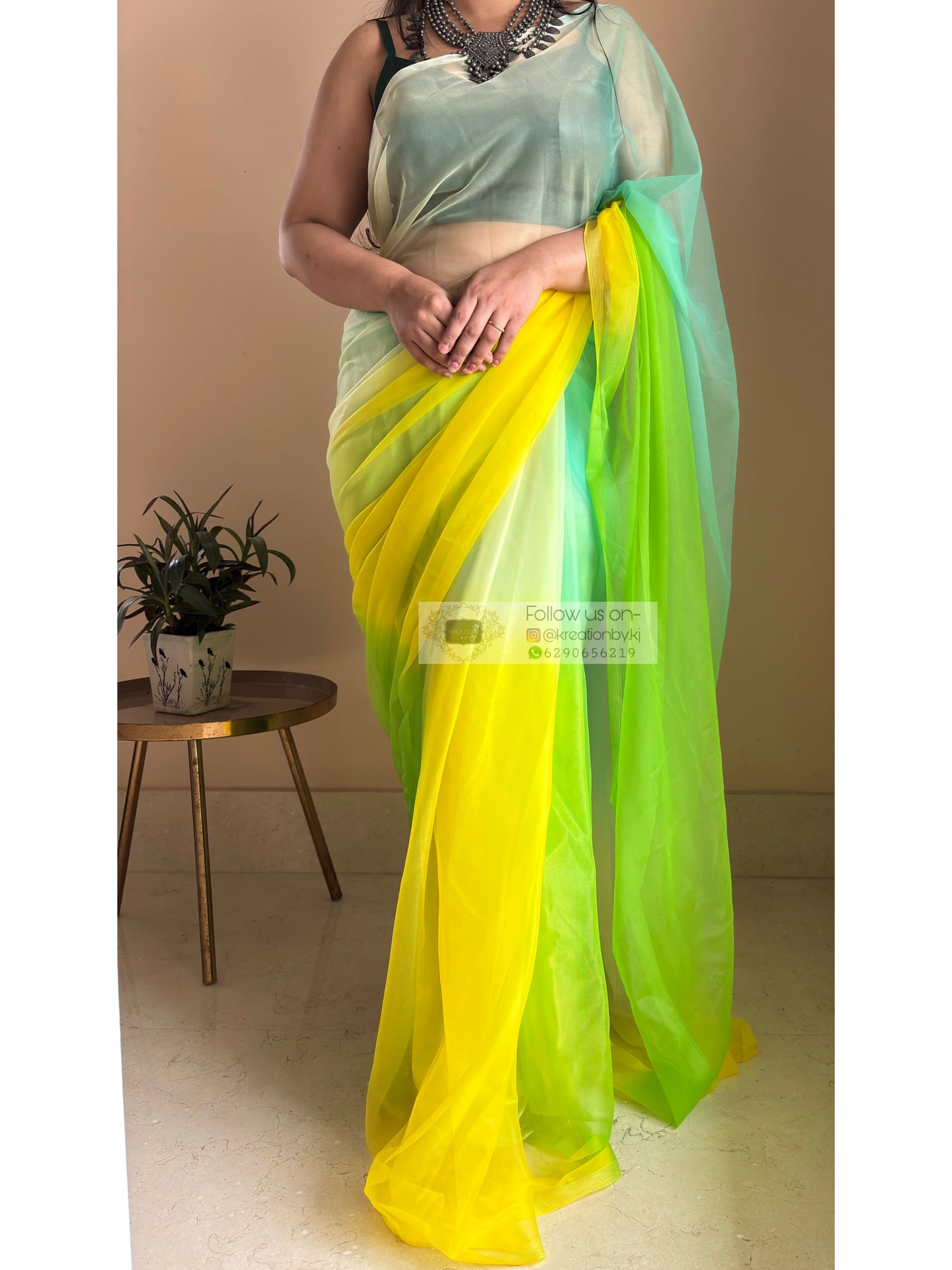 Green and yellow Net Ombre Saree kreationbykj