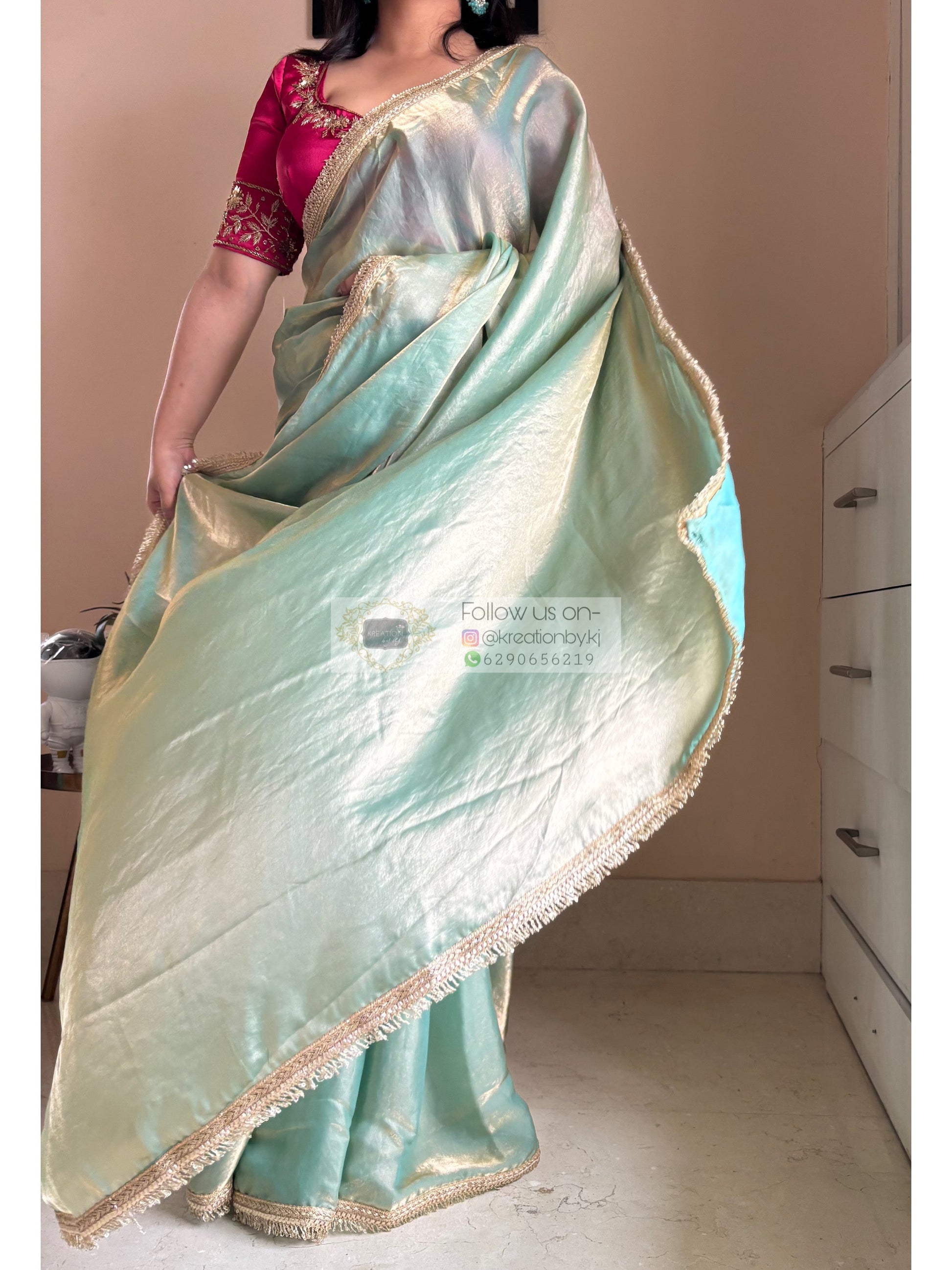 Pastel Green Metallic Shimmer Banno Saree kreationbykj