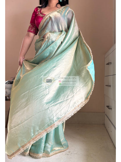 Pastel Green Metallic Shimmer Banno Saree kreationbykj