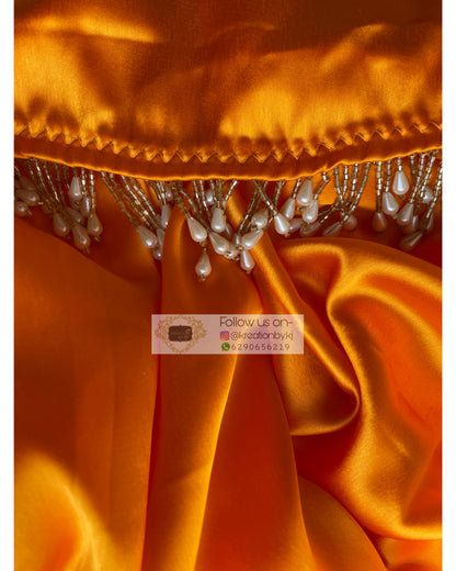 Saffron Satin Silk Saree with Handmade Tassels on Pallu