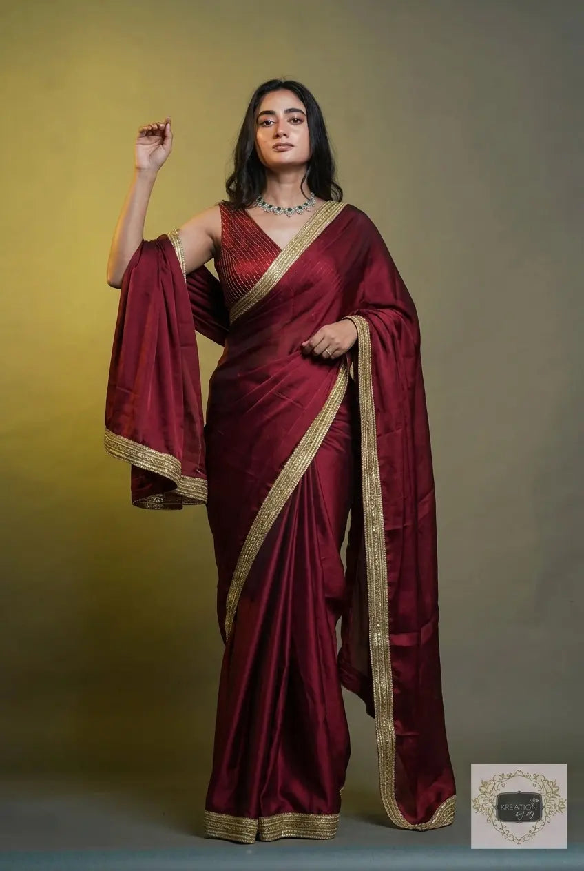 Maroon Georgette Saree with Golden Border kreationbykj