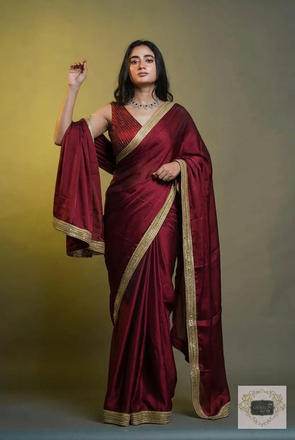 Maroon Georgette Saree with Golden Border kreationbykj