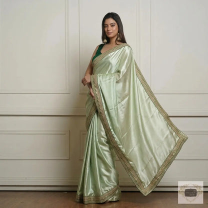 Champagne Green Satin Silk Saree with Green Border Kreation by KJ
