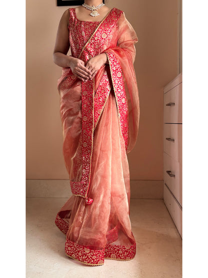 Marigold Glass Tissue Saree With Red Brocade Border