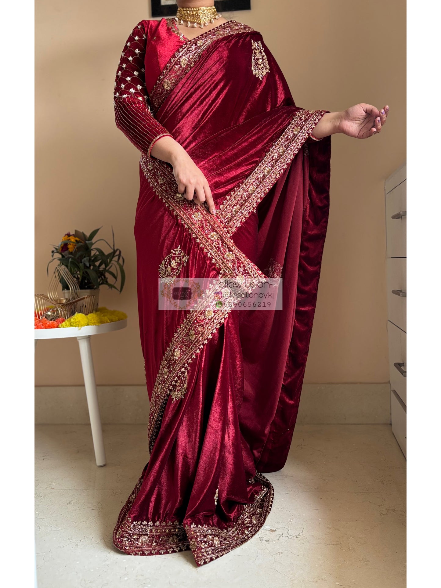 Naaz Burgundy Velvet Saree