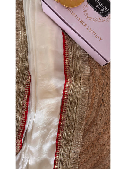 Cream Shimmer Satin Banno Saree Kreation by KJ
