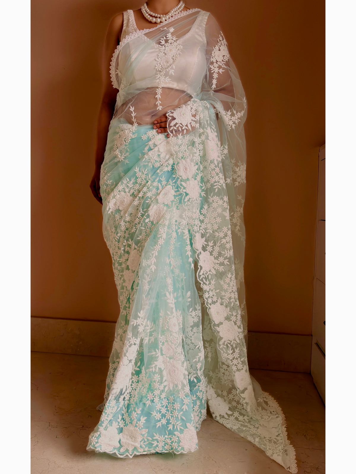 Seafoam Bloom Embellished Net Saree