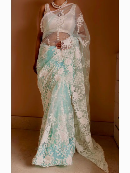 Seafoam Bloom Embellished Net Saree