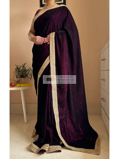 Dark Wine Velvet Saree with Golden Border kreationbykj