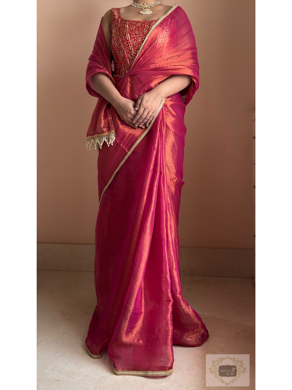 Raspberry Pink Cotton Tissue Saree With Cutdana Tassels on Pallu