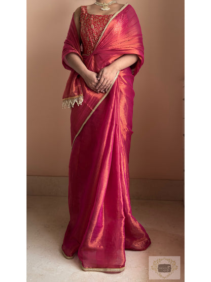 Raspberry Pink Cotton Tissue Saree With Cutdana Tassels on Pallu