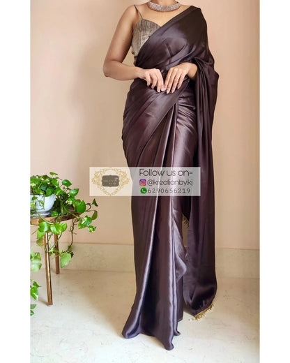 Coffee Brown Satin Silk One Minute Saree kreationbykj.in
