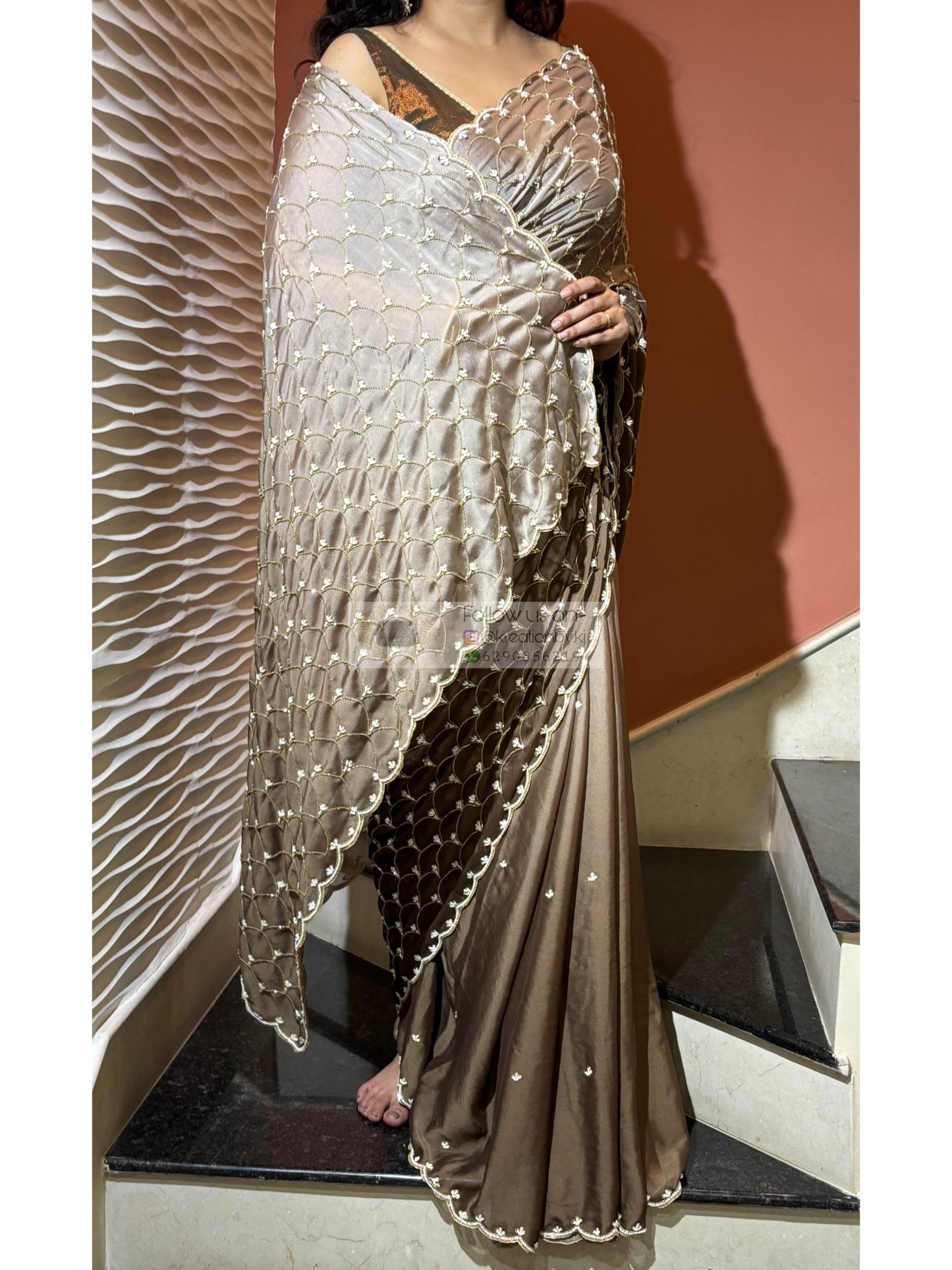 Brown Ombre Cutdana Mehraab Jaal Cocktail Saree