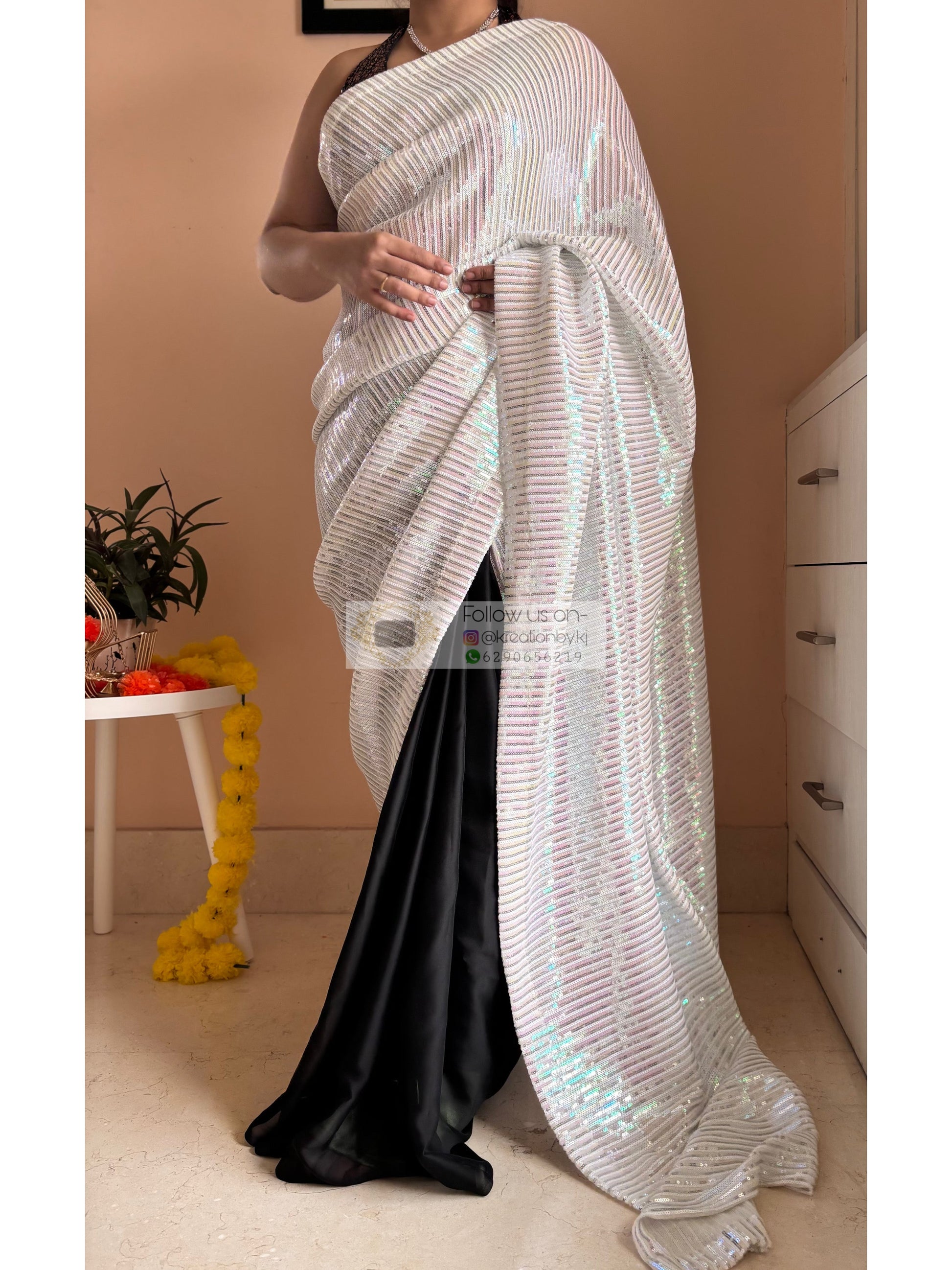 Dazzle White Sequin Half Cocktail Saree Kreation by KJ