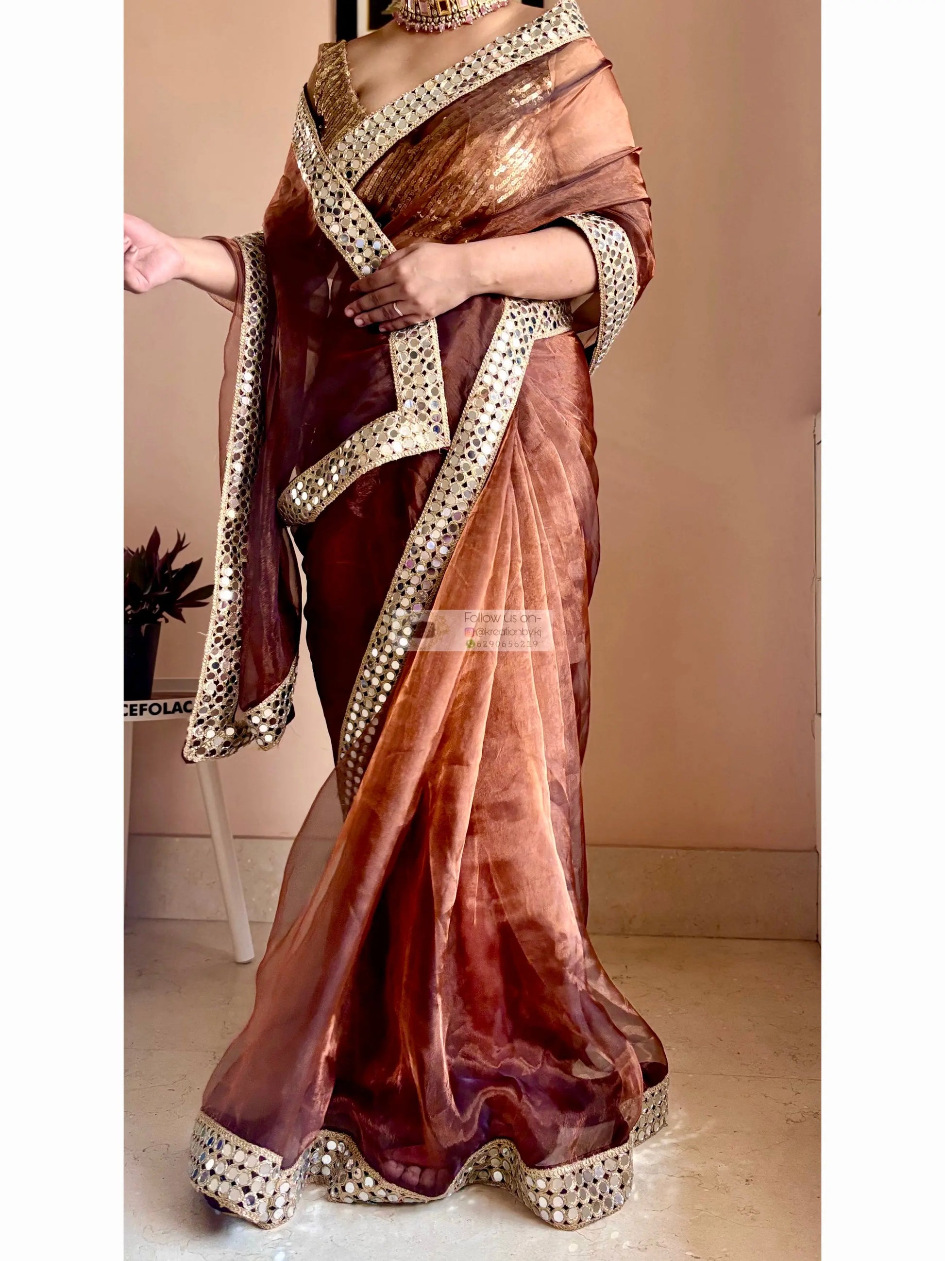 Copper Brown Glass Tissue Saree With Real Cut Mirror Border Kreation by KJ