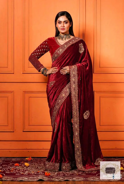 Naaz Burgundy Velvet Saree Kreation by KJ