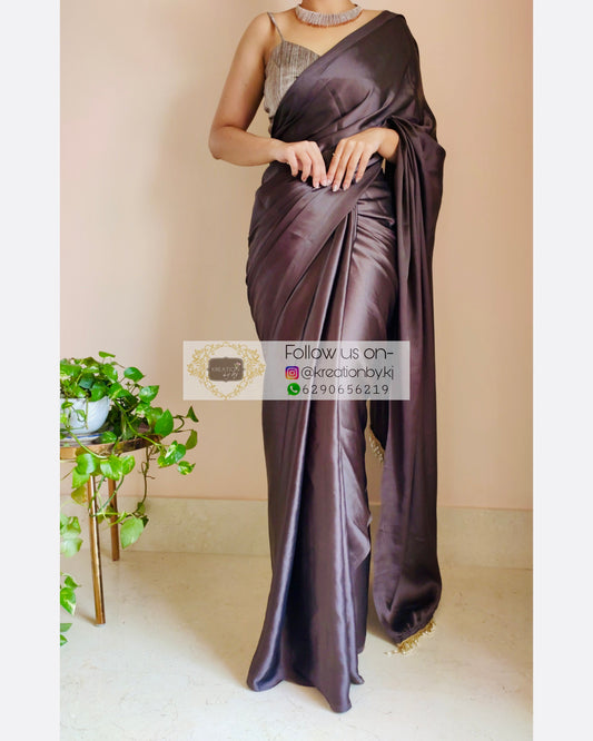 Chocolate Brown Satin Silk Saree With Handmade Tassels On Pallu - kreationbykj