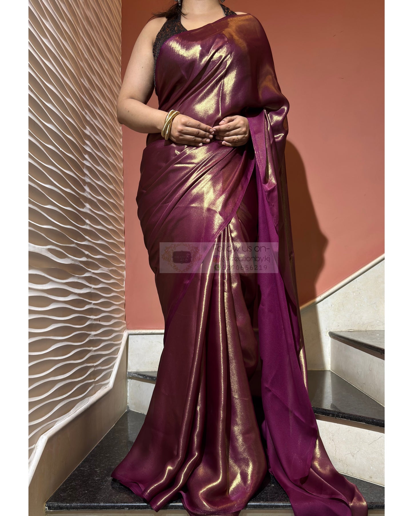 Aubergine Shimmer Satin cocktail Saree kreationbykj