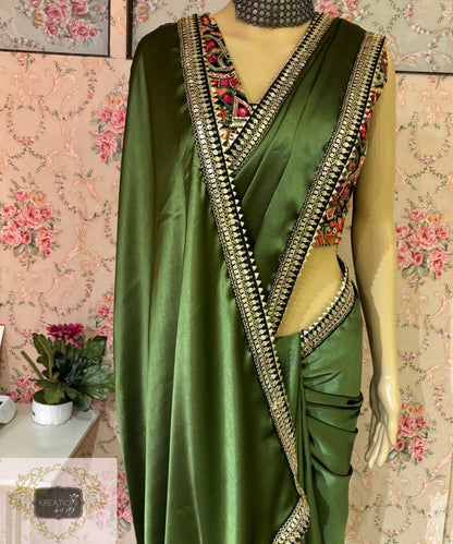 Olive Green Satin Silk Saree with Black Border