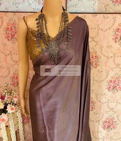 Purple Mauve Satin Silk Saree with Handmade Tassels on Pallu