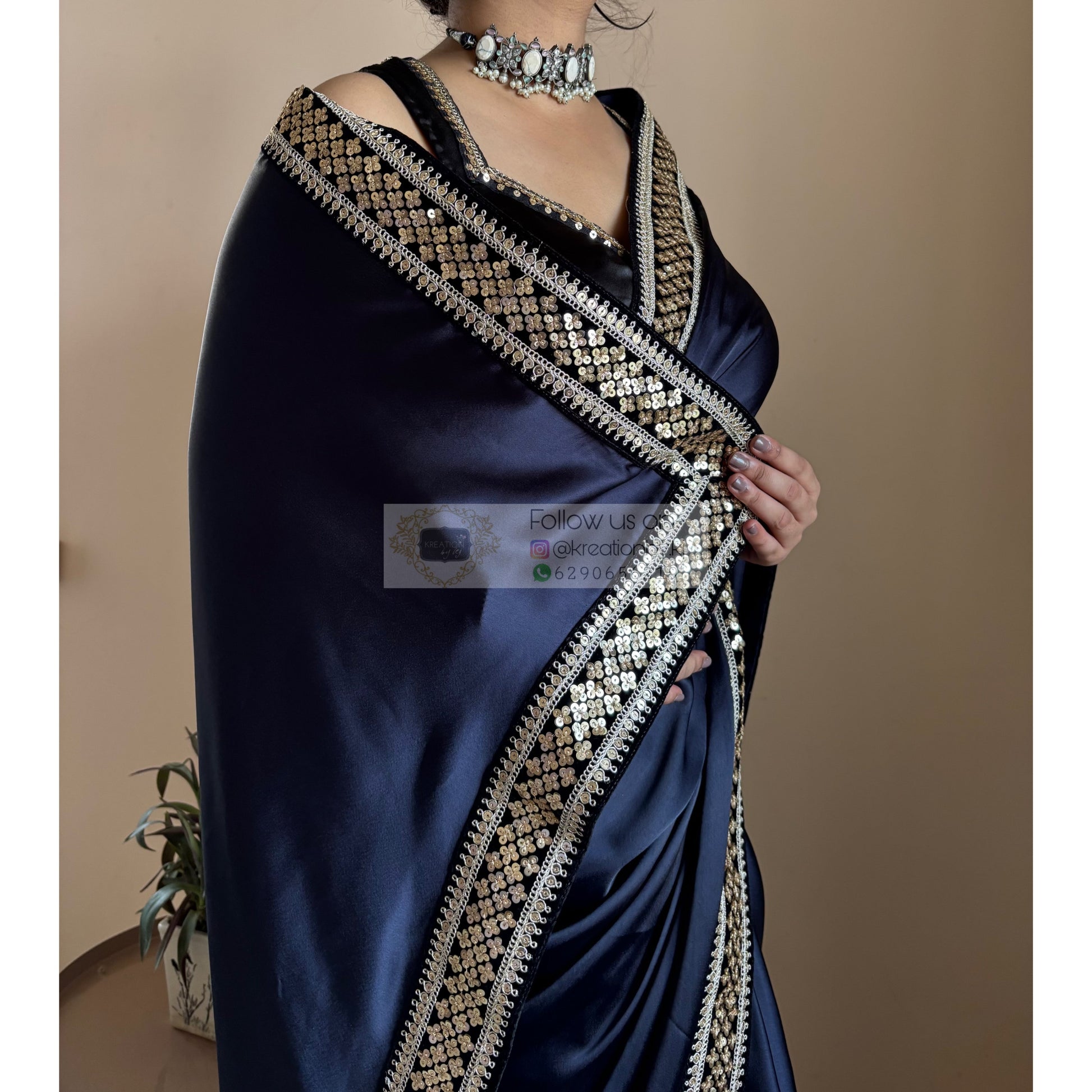 Dark Navy Blue Satin Silk Saree with Black Border kreationbykj
