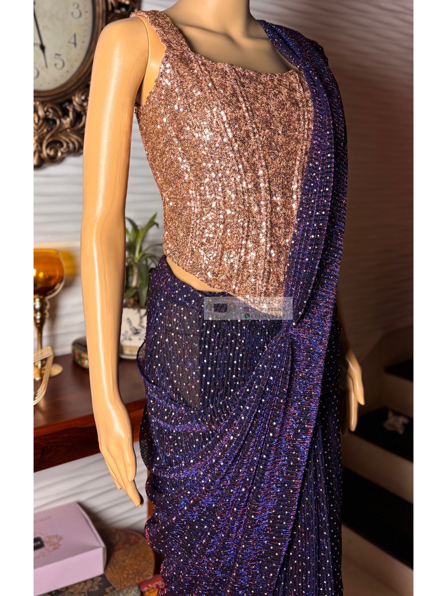 Midnight Purple Shimmer Drape Saree With Embellished Corset