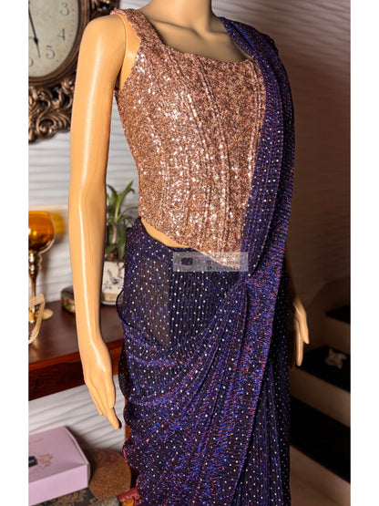 Midnight Purple Shimmer Drape Saree With Embellished Corset